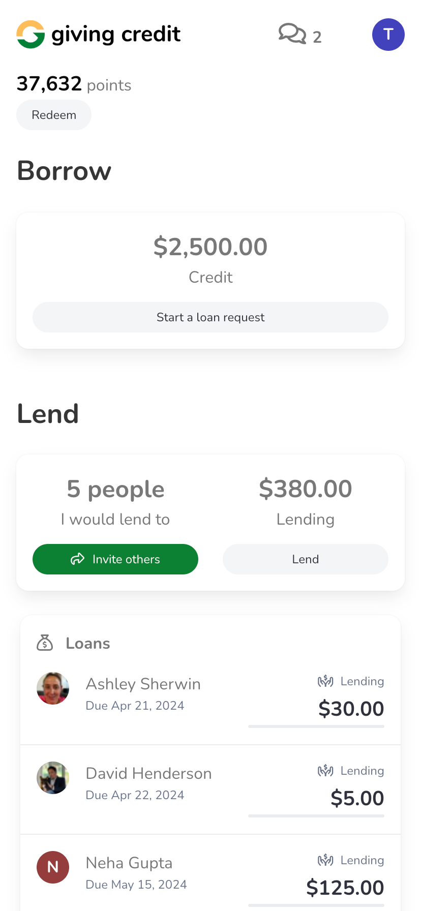 Giving Credit application home page